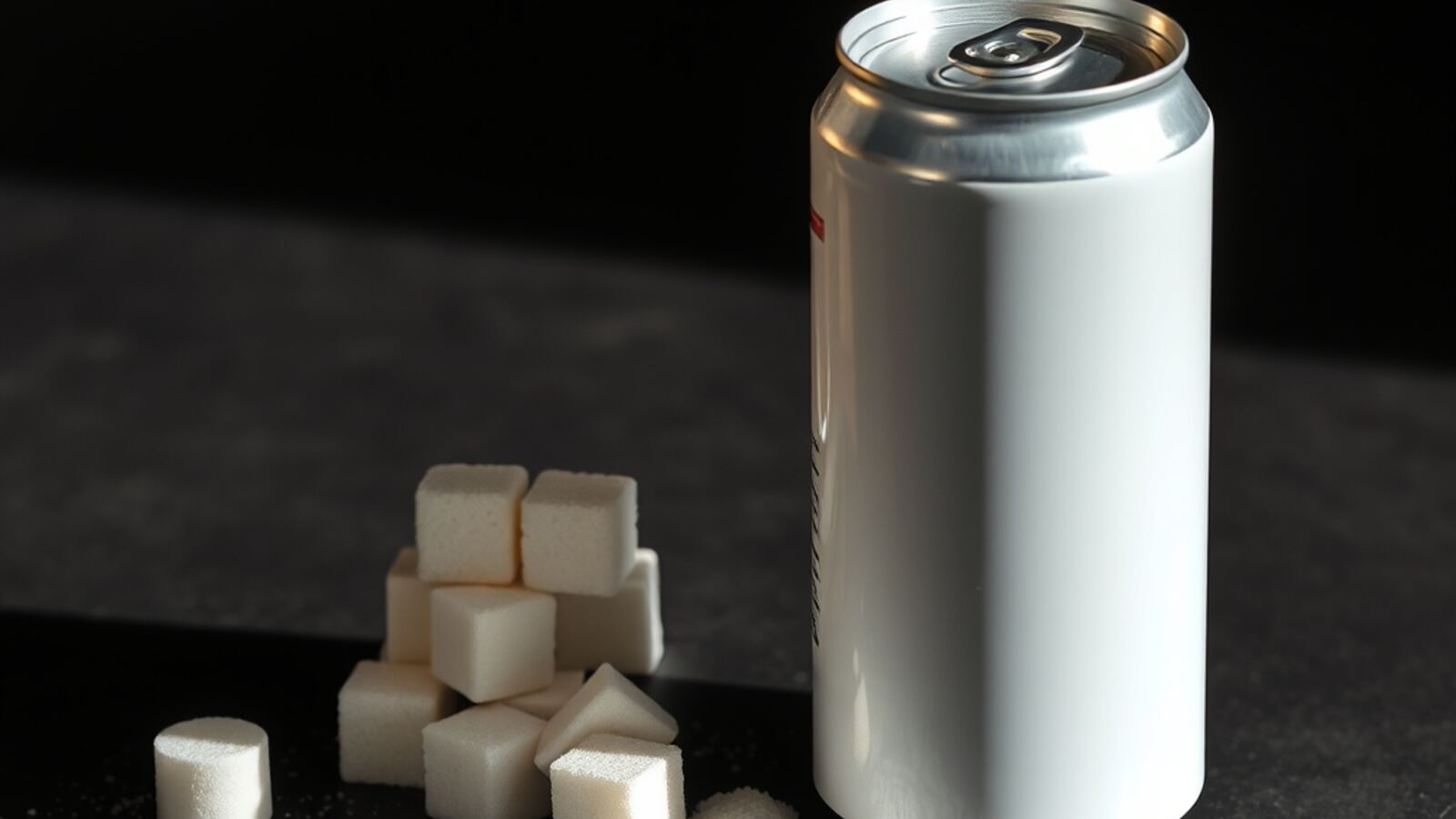 Sugar cubes stacked beside a plain drink can
