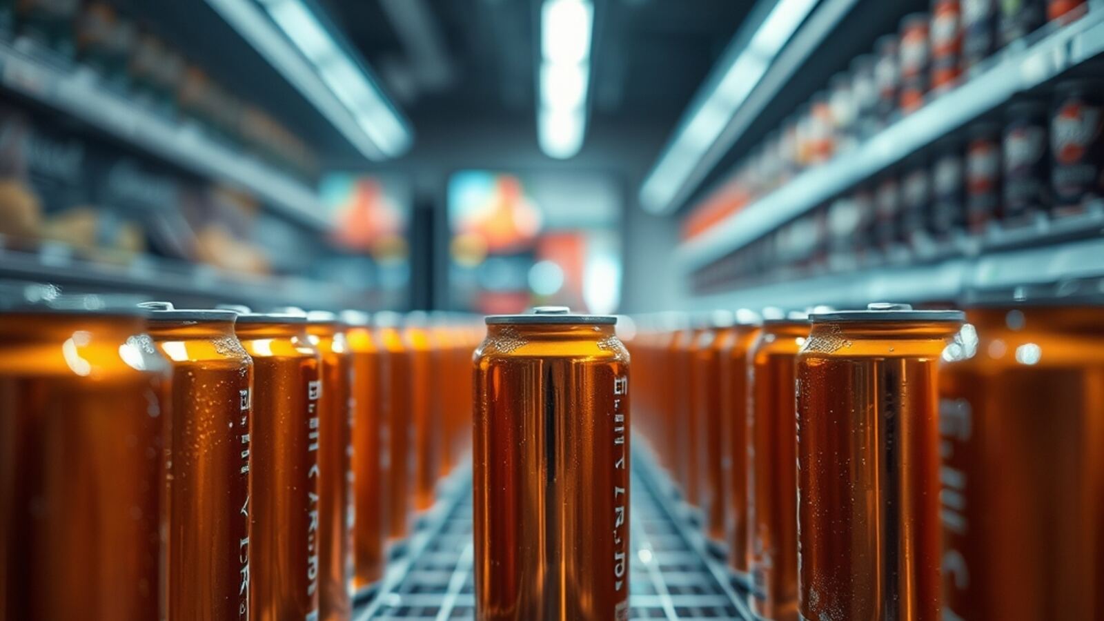 Rows of unlabelled drink cans on a lit supermarket shelf