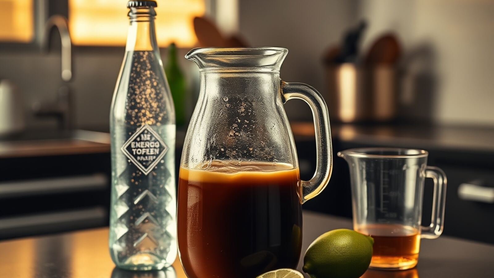 Glass jug of cold-brewed coffee, sparkling water and a halved lime